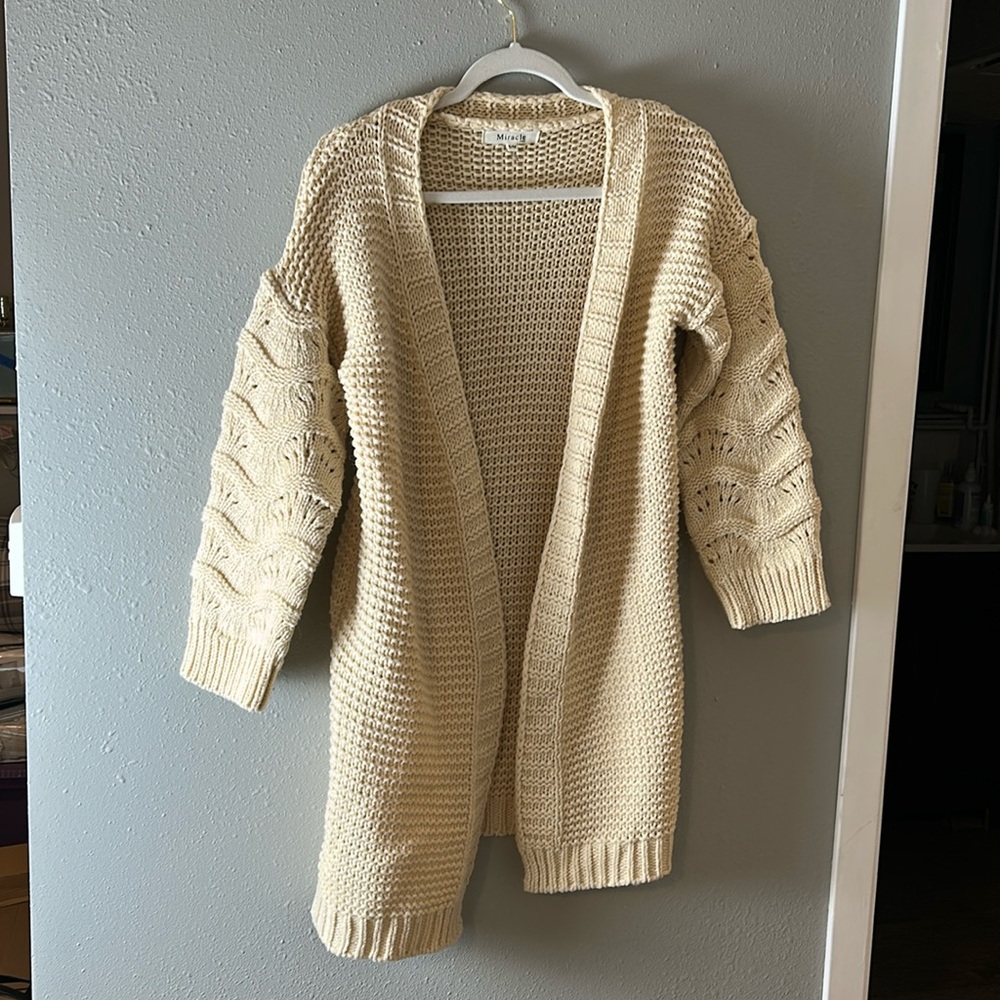 Miracle‎ Beige Cream Cotton Blend Knit Long Cardigan Sweater S/M